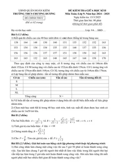 Trang đầu Đề thi Giữa kì 2 Toán 9 năm 2024-2025 trường THCS Chương Dương (Hà Nội)