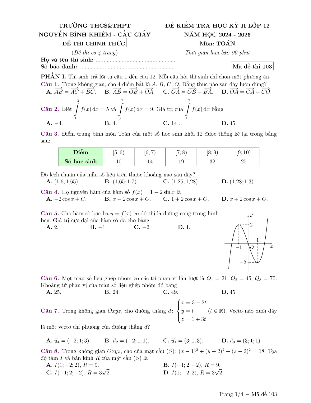 Đề thi Học kì 2 Toán 12 năm 2024-2025 trường Nguyễn Bỉnh Khiêm (Hà Nội) - trang 5