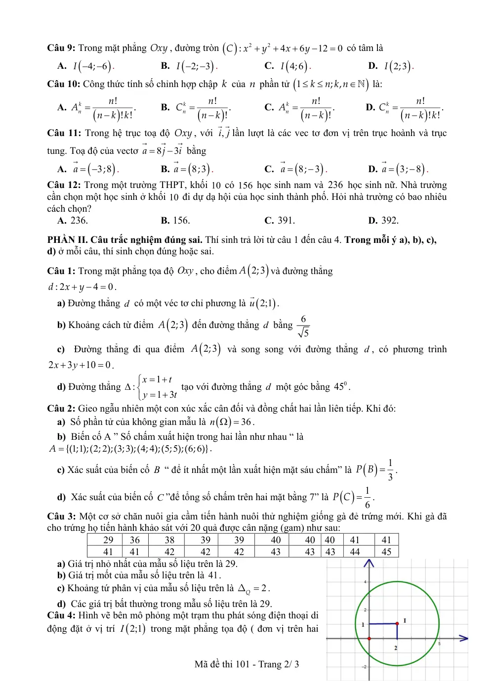 Đề thi Học kì 2 Toán 10 năm 2024-2025 trường THPT Lê Hồng Phong (Đắk Lắk) - trang 2