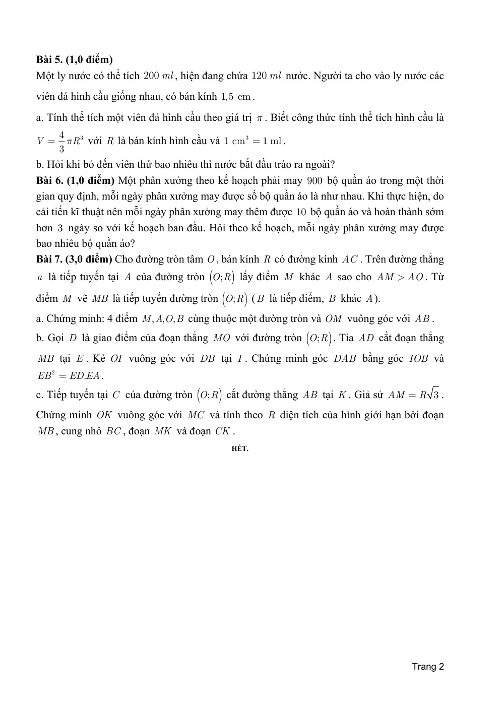 Đề thi Học kì 2 Toán 9 năm 2024-2025 phòng GD&ĐT Tân Phú (TP Hồ Chí Minh) - trang 2