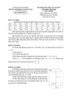 Trang đầu Đề thi Học kì 2 Toán 9 năm 2024-2025 phòng GD&ĐT Ba Đình (Hà Nội)