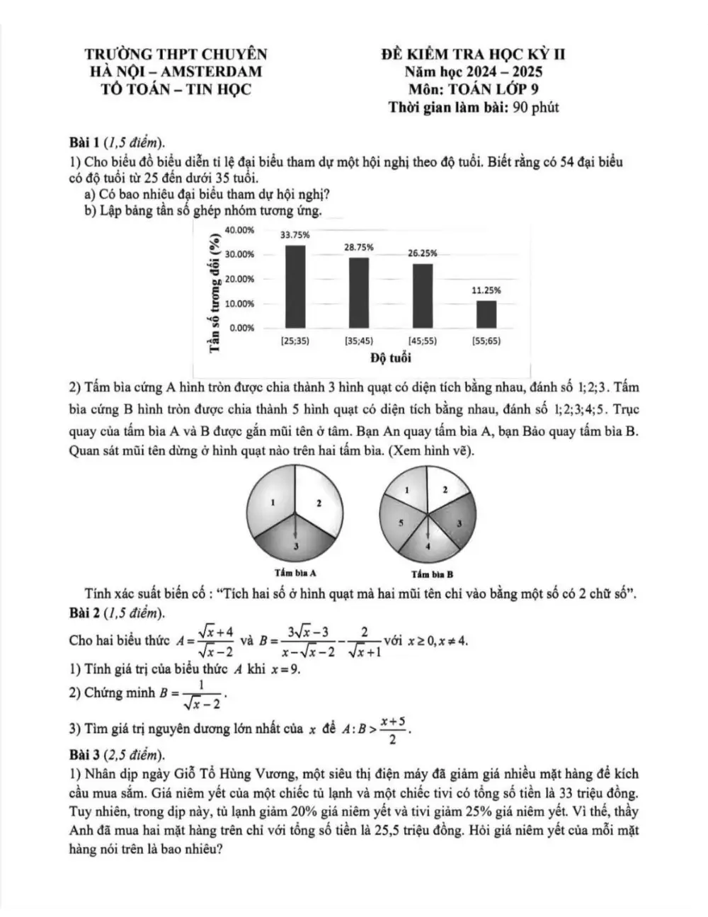 Đề thi Học kì 2 Toán 9 năm 2024-2025 trường THPT chuyên Hà Nội: Amsterdam - trang 1