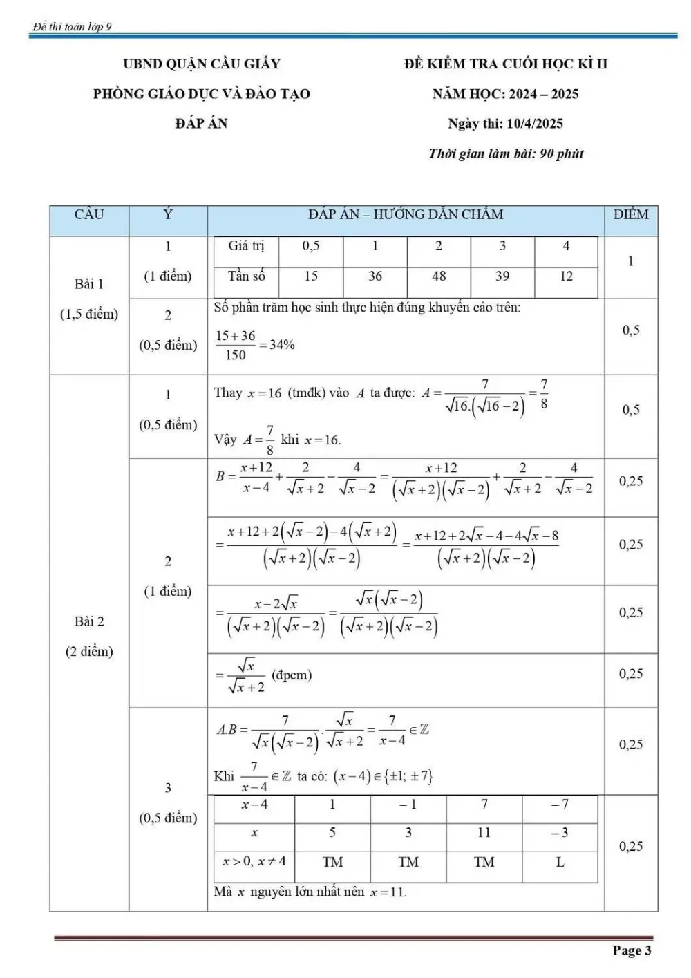 Đề thi Học kì 2 Toán 9 năm 2024-2025 phòng GD&ĐT Cầu Giấy (Hà Nội) - trang 3