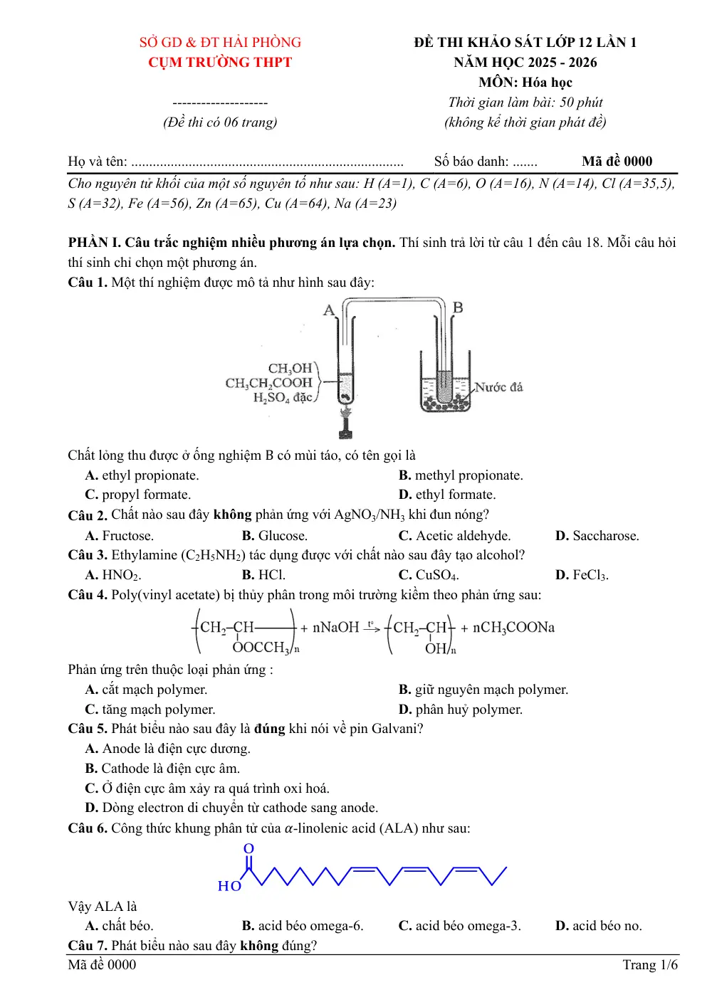 Đề thi thử Tốt nghiệp THPT Hóa học 2025 - 2026 cụm trường THPT (Hải Phòng) - trang 1