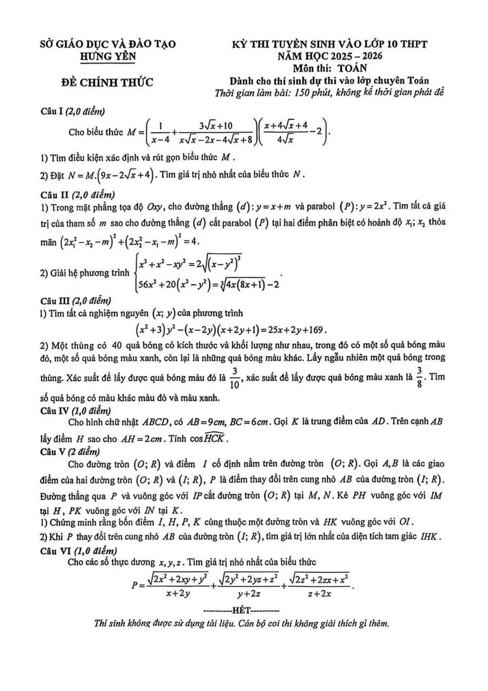 Đề tuyển sinh vào 10 Toán (chuyên) 2025-2026 Sở Hưng Yên - trang 1