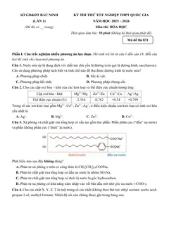 Trang đầu Đề thi thử Tốt nghiệp THPT Hóa học 2025 - 2026 Sở Bắc Ninh (lần 1)