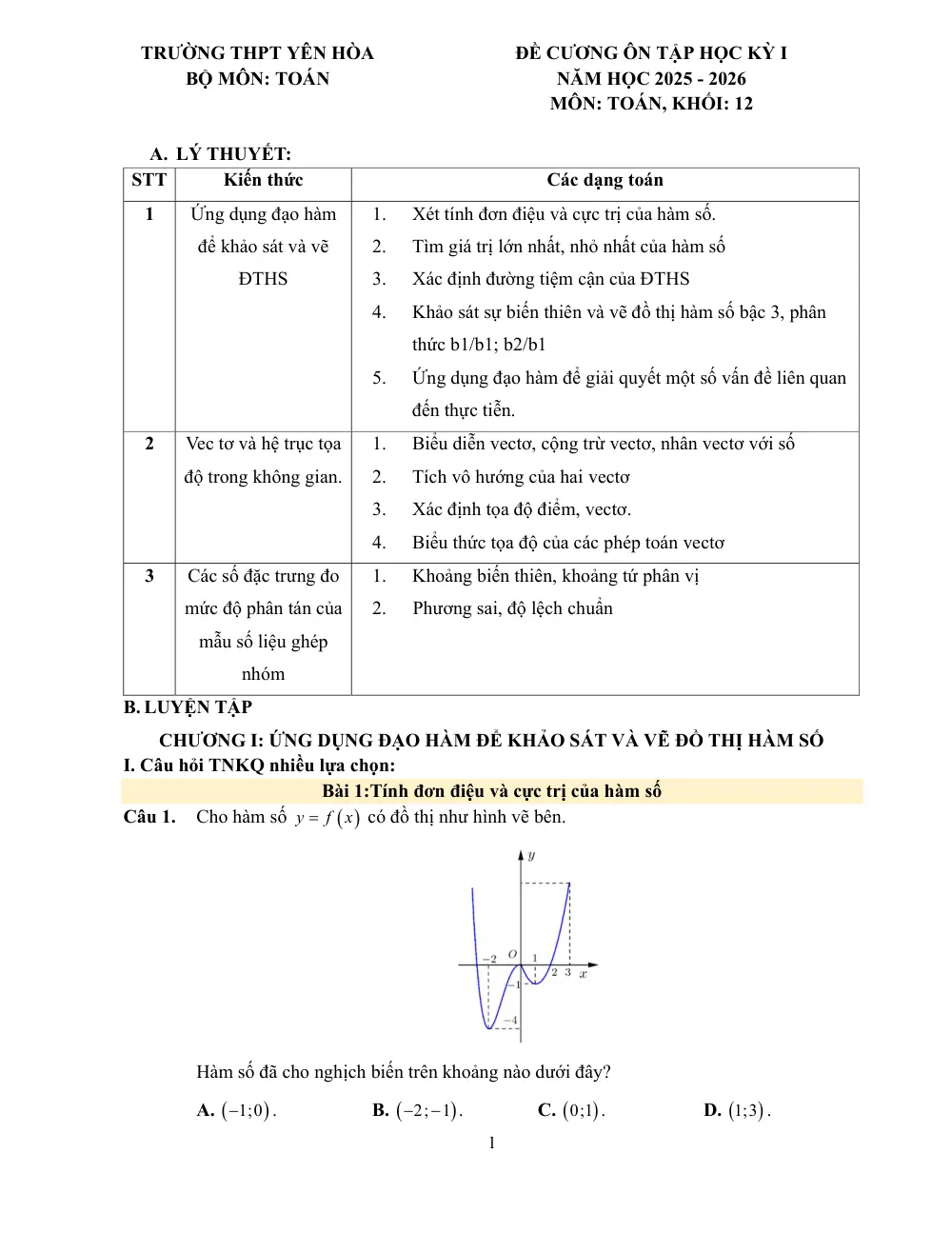 Đề cương ôn tập Học kì 1 Toán 12 trường THPT Yên Hòa (Hà Nội) năm 2025-2026 - trang 1