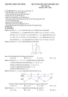 Trang đầu Đề cương ôn tập Học kì 1 Toán 12 trường THPT Yên Mô B (Ninh Bình) năm 2025-2026