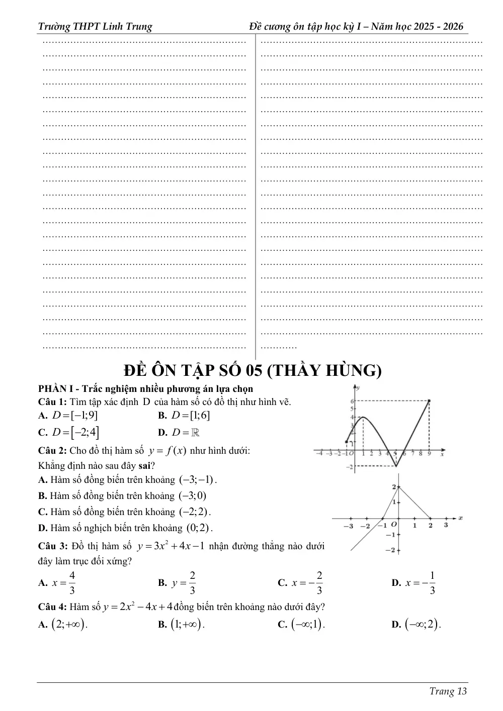 Đề cương ôn tập Học kì 1 Toán 10 trường THPT Linh Trung (TP Hồ Chí Minh) năm 2025-2026 - trang 13