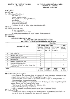 Trang đầu Đề cương ôn tập Giữa kì 2 Toán 10 trường THPT Hoàng Văn Thụ (Hà Nội) năm 2025-2026