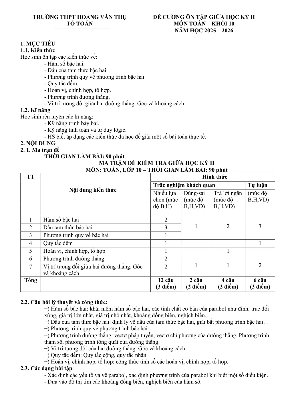 Đề cương ôn tập Giữa kì 2 Toán 10 trường THPT Hoàng Văn Thụ (Hà Nội) năm 2025-2026 - trang 1