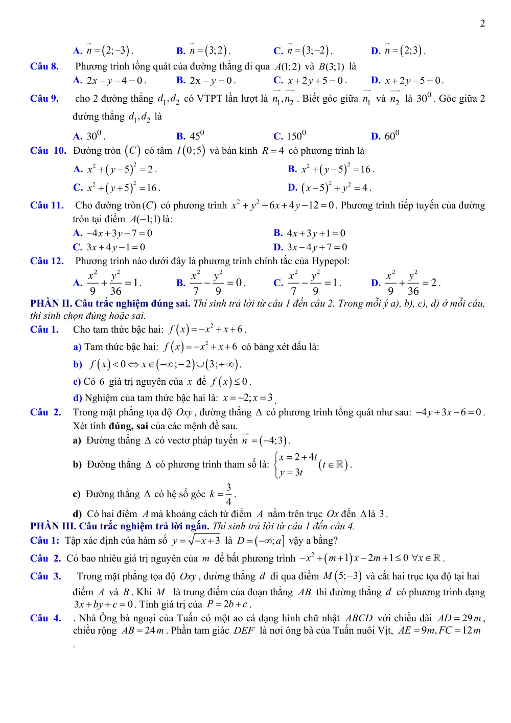Đề cương ôn tập Giữa kì 2 Toán 10 trường THPT Nguyễn Bỉnh Khiêm 2 (Gia Lai) năm 2025-2026 - trang 2
