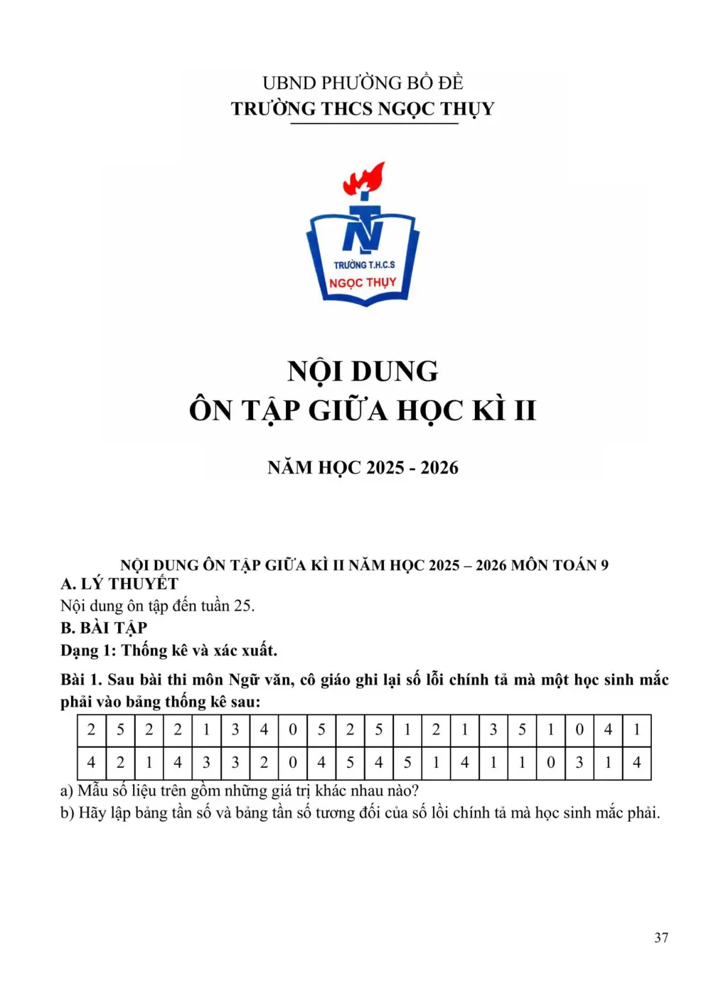 Đề cương ôn tập Giữa kì 2 Toán 9 trường THCS Ngọc Thụy (Hà Nội) năm 2025-2026 - trang 1