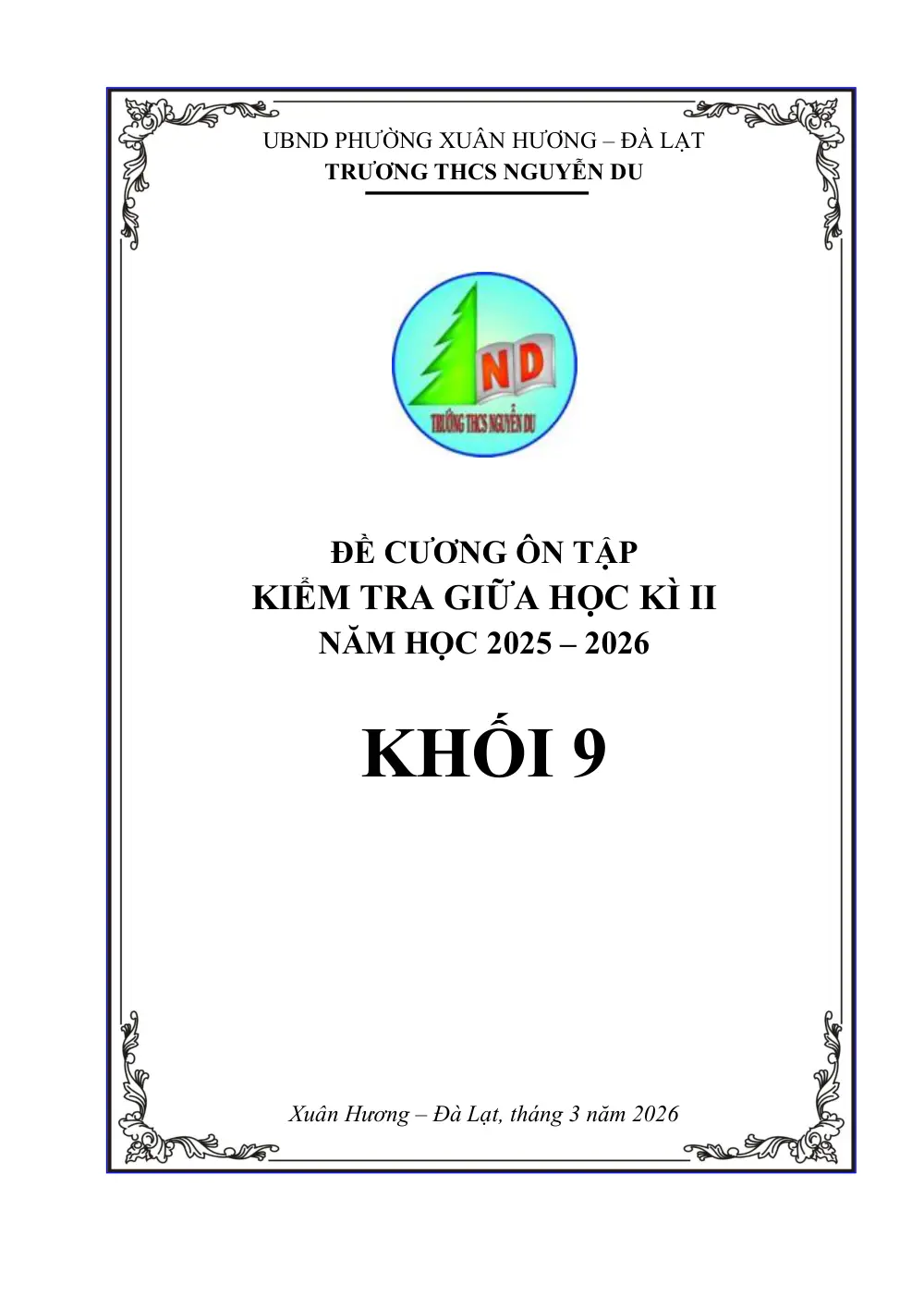 Đề cương ôn tập Giữa kì 2 Toán 9 trường THCS Nguyễn Du (Lâm Đồng) năm 2025-2026 - trang 1