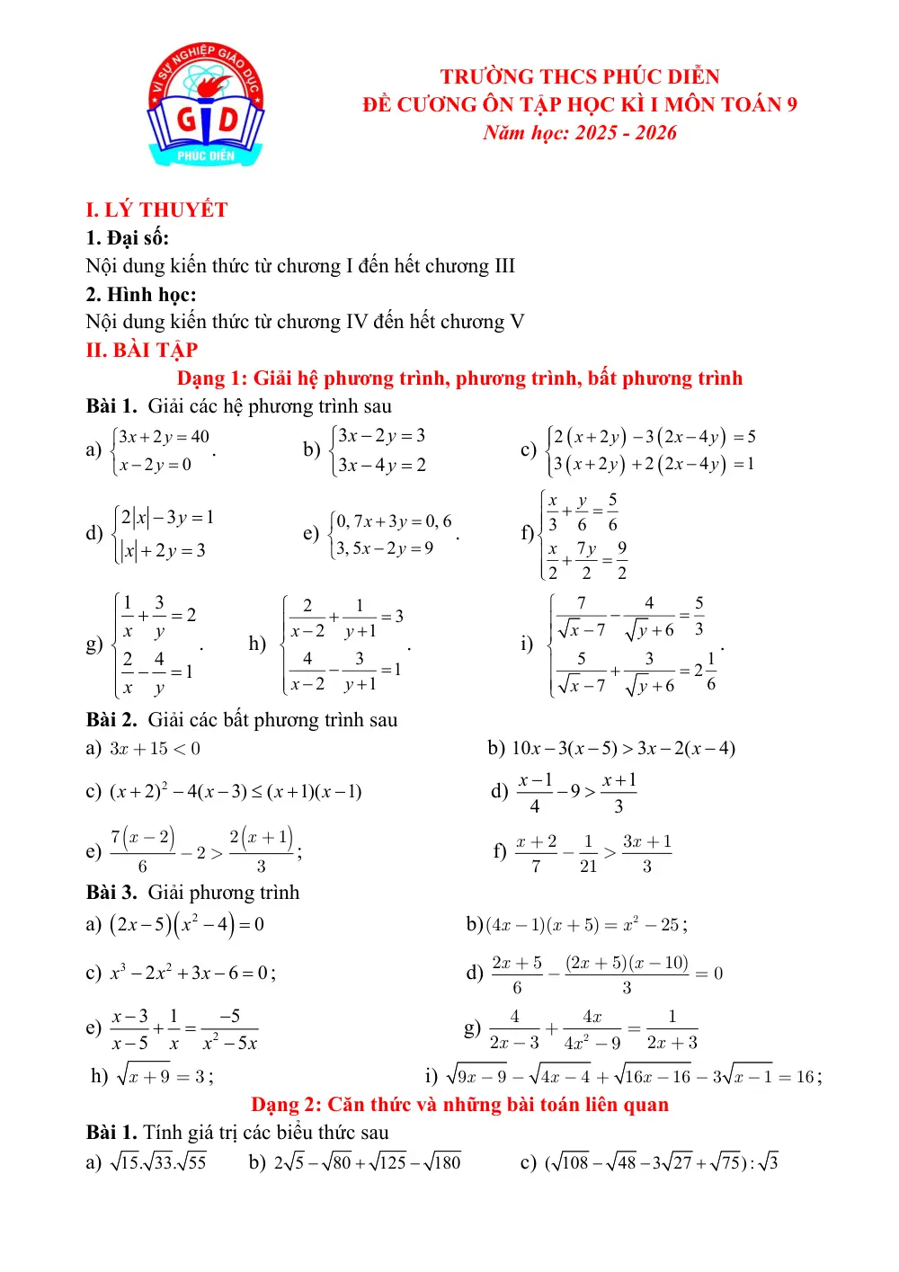 Đề cương ôn tập Học kì 1 Toán 9 trường THCS Phúc Diễn (Hà Nội) năm 2025-2026 - trang 1