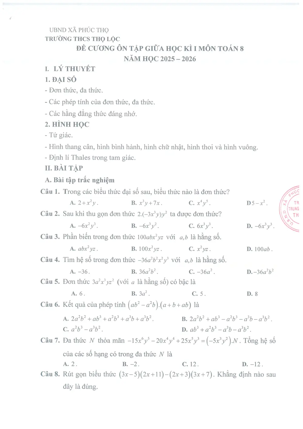 Đề cương ôn tập Giữa kì 1 Toán 8 năm 2025-2026 trường THCS Thọ Lộc (Hà Nội) - trang 1