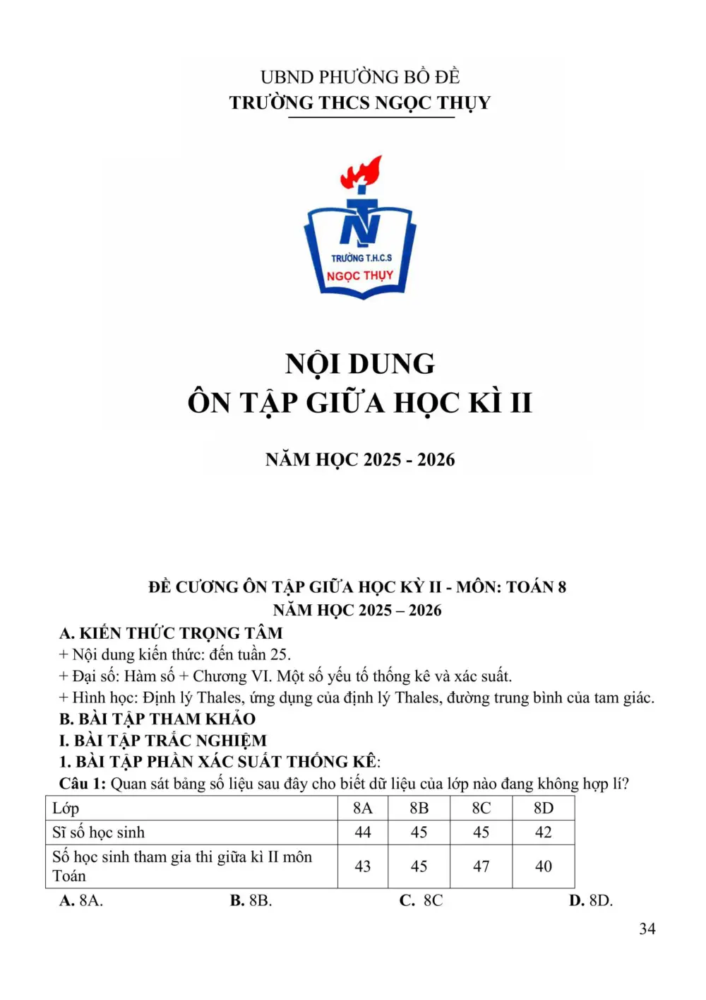 Đề cương ôn tập Giữa kì 2 Toán 8 trường THCS Ngọc Thụy (Hà Nội) năm 2025-2026 - trang 1