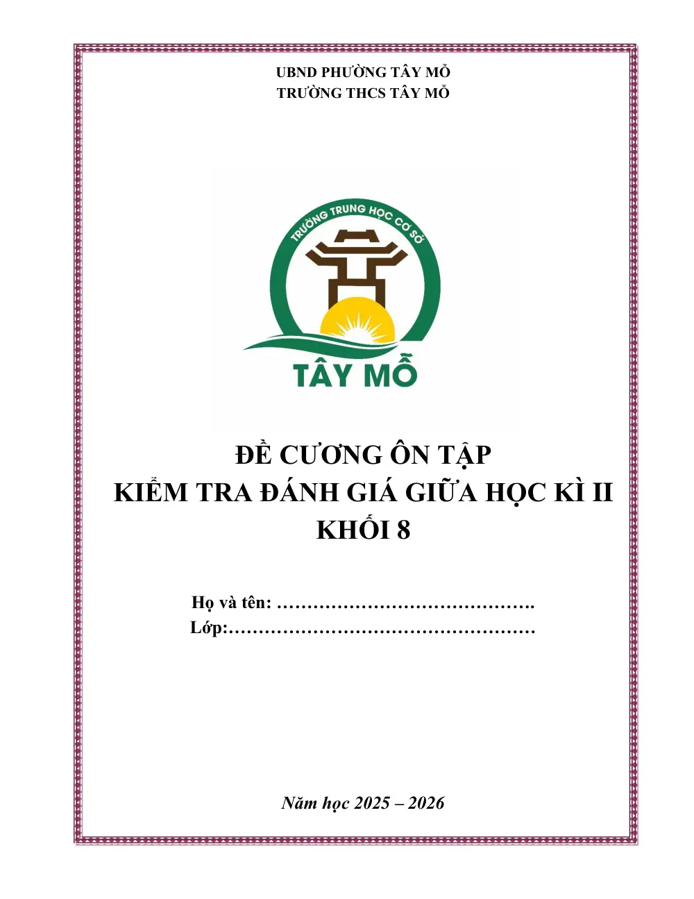 Đề cương ôn tập Giữa kì 2 Toán 8 năm 2025-2026 trường THCS Tây Mỗ (Hà Nội) - trang 1