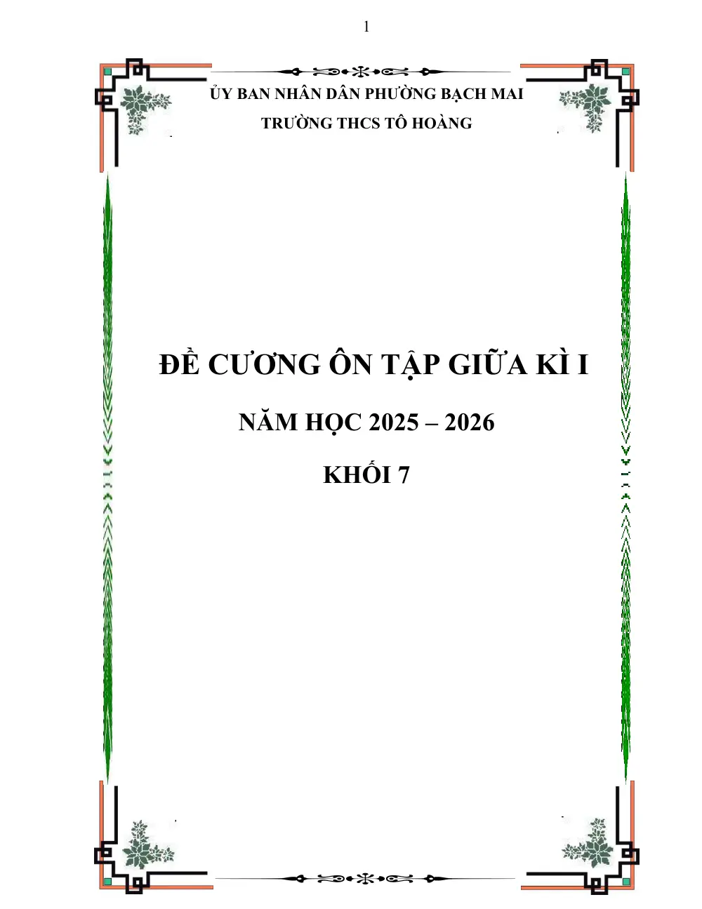 Đề cương ôn tập Giữa kì 1 Toán 7 năm 2025-2026 trường THCS Tô Hoàng (Hà Nội) - trang 1
