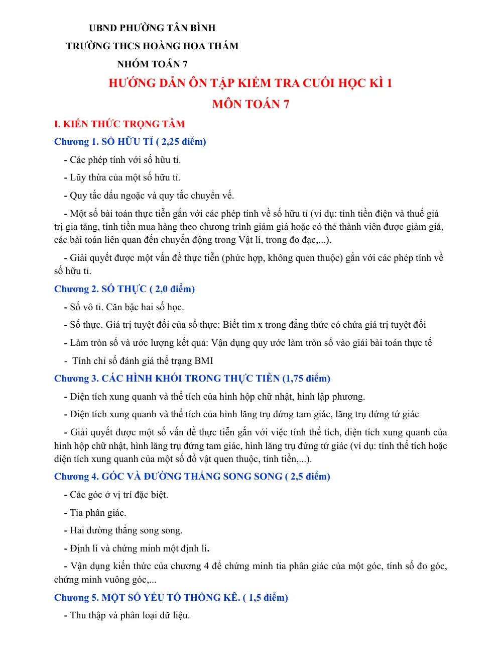 Đề cương ôn tập Học kì 1 Toán 7 năm 2025-2026 trường THCS Hoàng Hoa Thám (TP Hồ Chí Minh) - trang 1