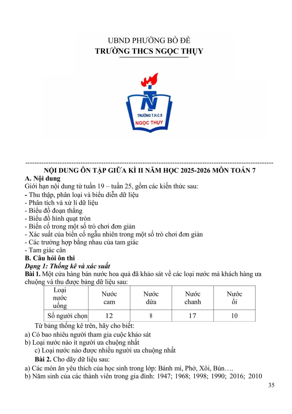 Đề cương ôn tập Giữa kì 2 Toán 7 năm 2025-2026 trường THCS Ngọc Thụy (Hà Nội) - trang 1