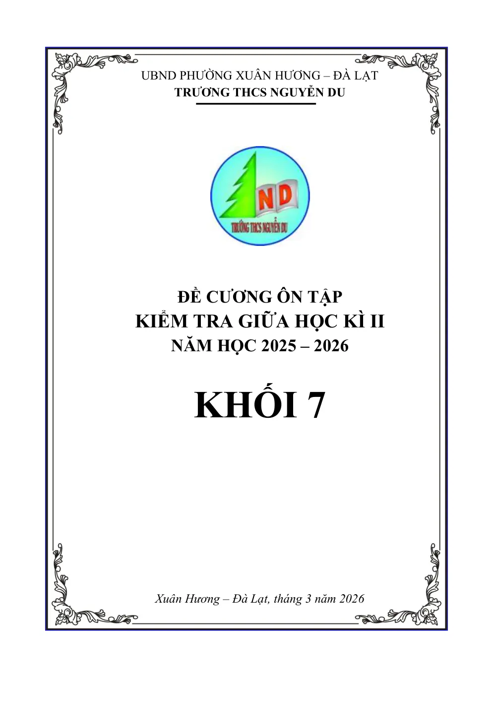 Đề cương ôn tập Giữa kì 2 Toán 7 năm 2025-2026 trường THCS Nguyễn Du (Lâm Đồng) - trang 1