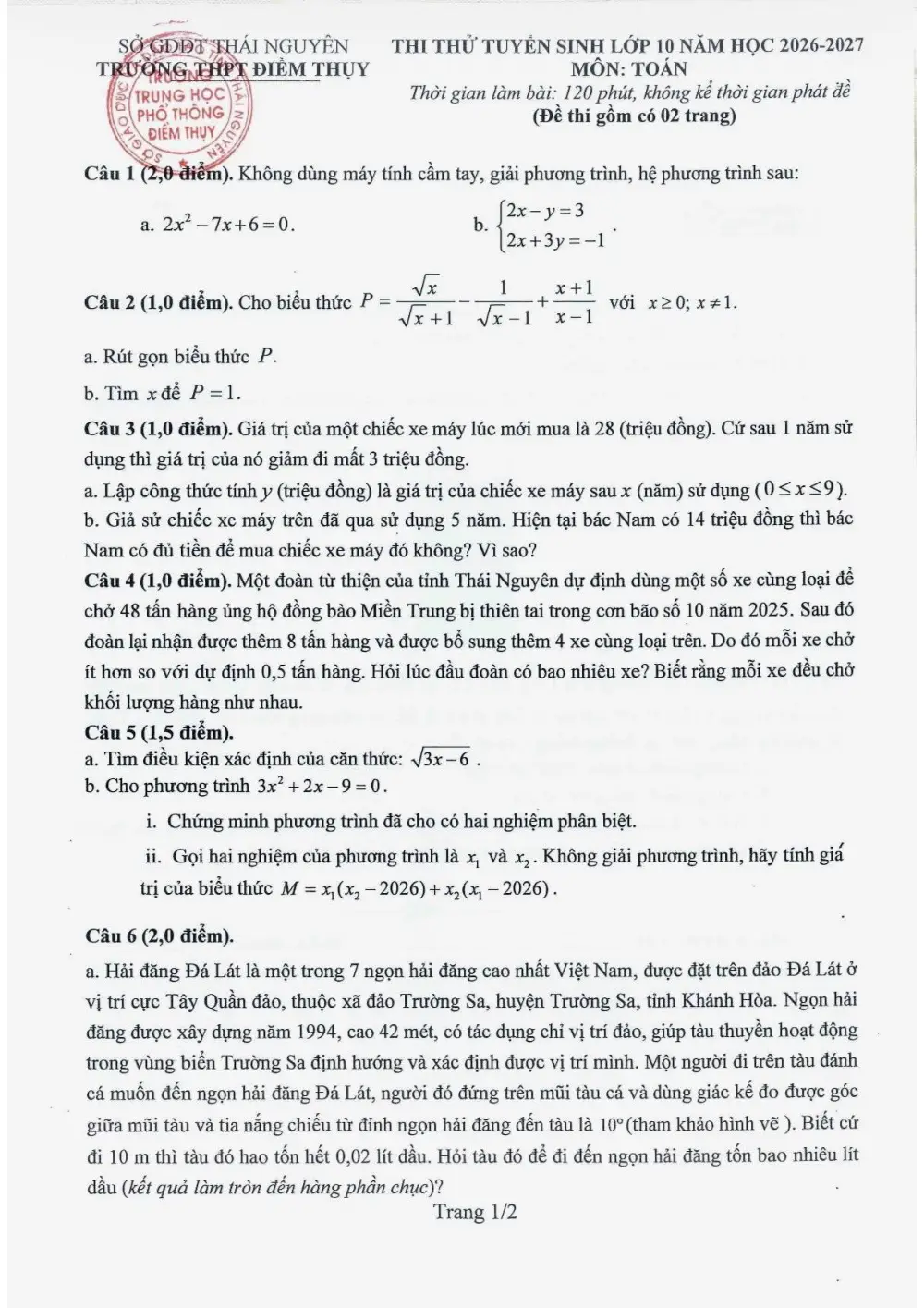 Đề thi thử Toán vào lớp 10 năm 2026-2027 trường THPT Điềm Thụy (Thái Nguyên) - trang 1