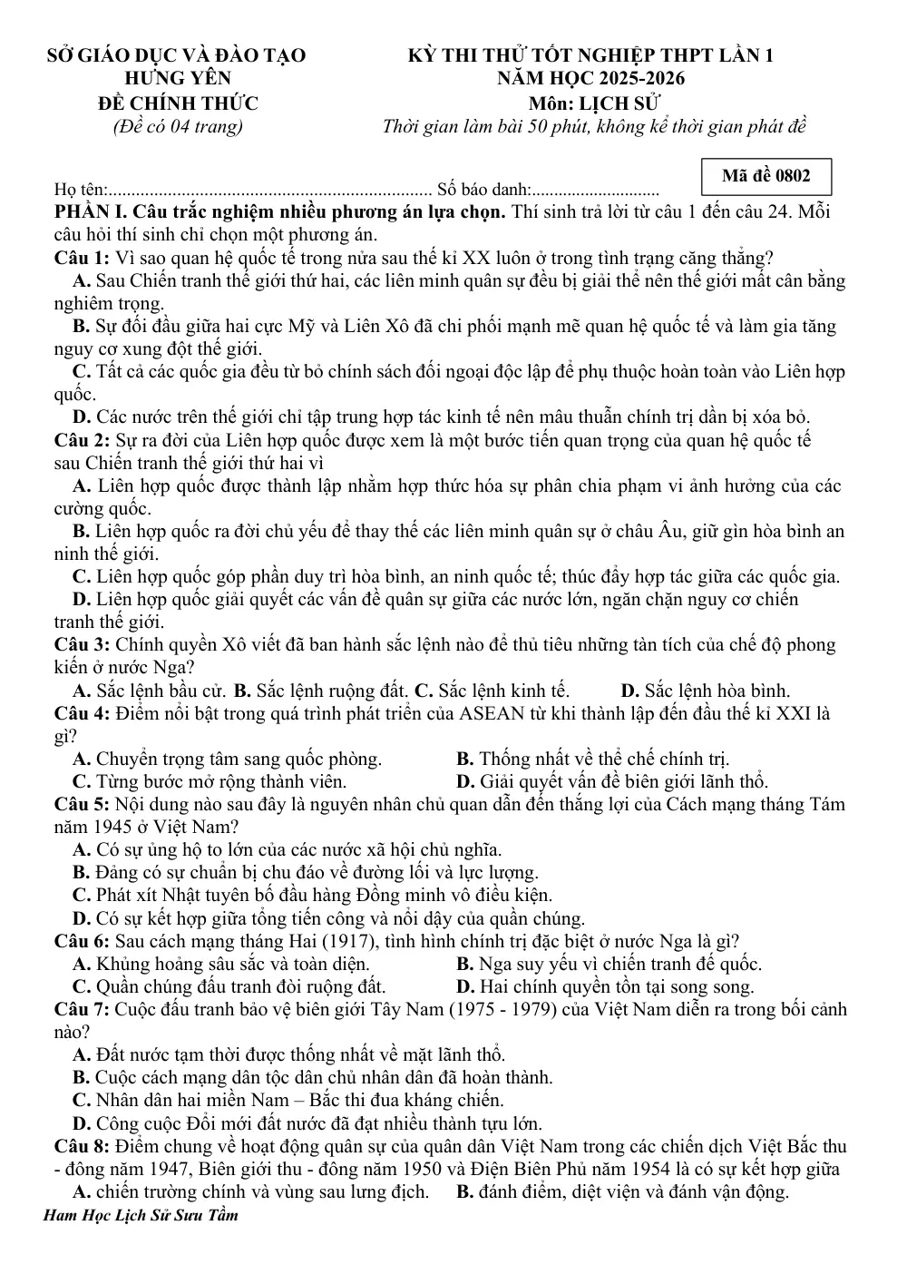 Đề thi thử Tốt nghiệp THPT Lịch sử 2025-2026 Sở Hưng Yên (mã 02) - trang 1