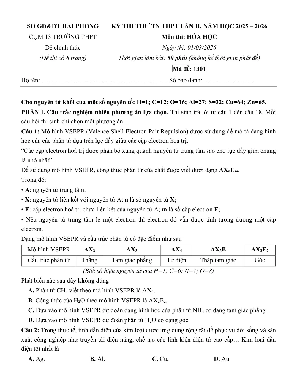 Đề thi thử Tốt nghiệp THPT Hóa học 2025 - 2026 Cụm 13 trường THPT (mã 01-lần 2) (Hải Phòng) - trang 1