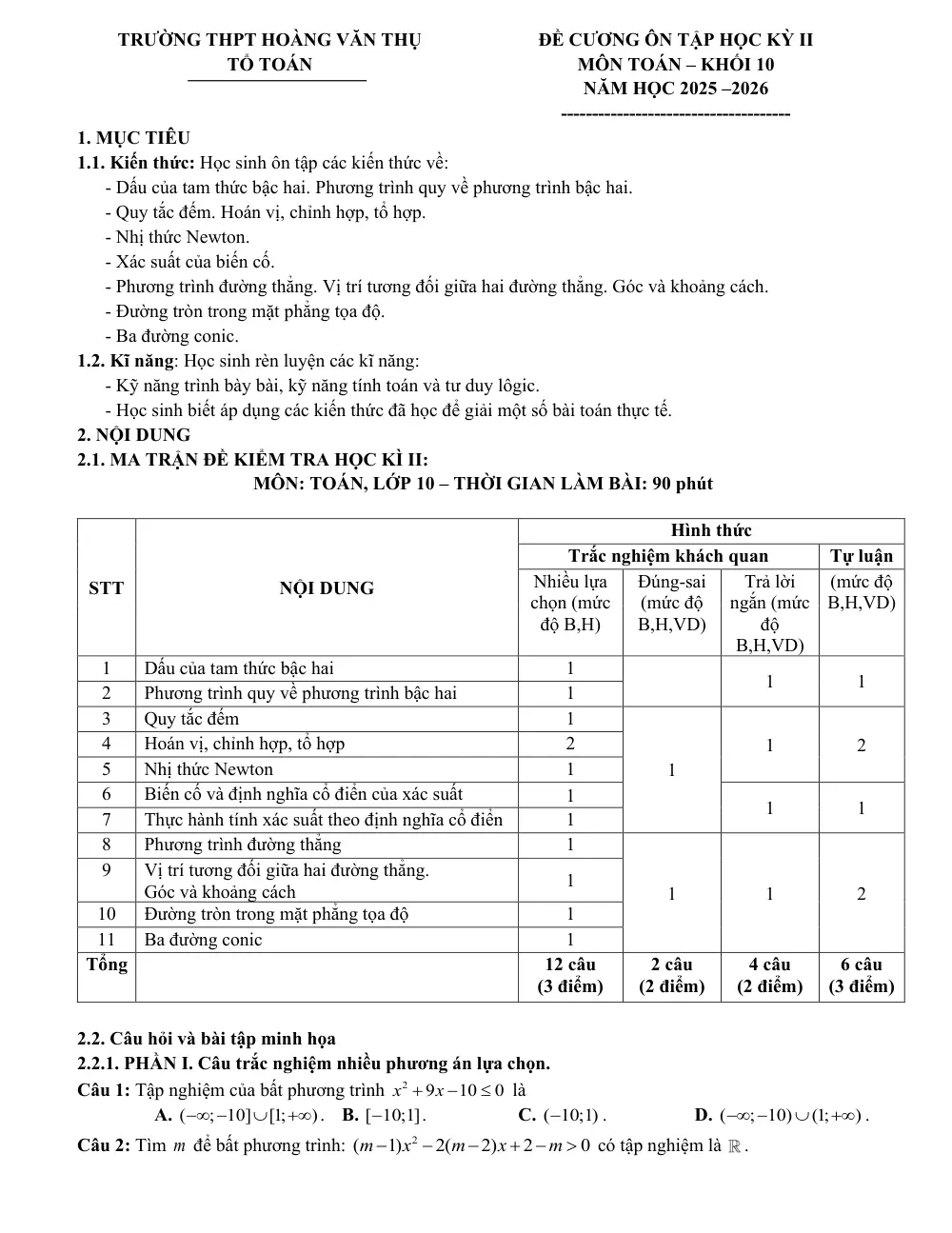 Đề cương ôn tập Học kì 2 Toán 10 trường THPT Hoàng Văn Thụ (Hà Nội) năm 2025-2026 - trang 1