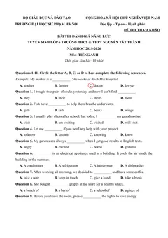 Trang đầu Đề thi thử vào lớp 6 môn Tiếng Anh trường THCS&THPT Nguyễn Tất Thành (Hà Nội) năm 2026