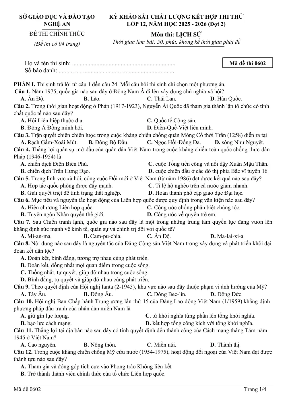 Đề thi thử Tốt nghiệp THPT Lịch sử 2025-2026 Sở Nghệ An (Đợt 2 - mã chẵn) - trang 1