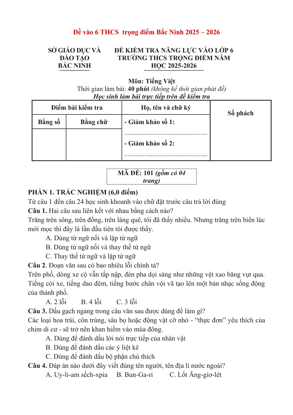 Đề thi tuyển sinh vào lớp 6 môn Tiếng Việt trường THCS Trọng điểm Bắc Ninh (mã đề 101) năm học 2025-2026 - trang 1