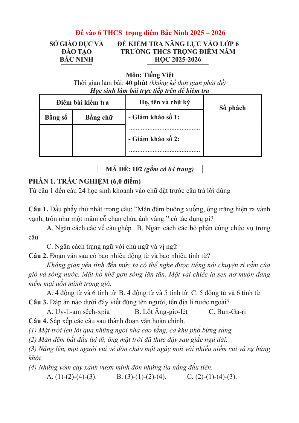 Đề thi tuyển sinh vào lớp 6 môn Tiếng Việt trường THCS Trọng điểm Bắc Ninh (mã đề 102) năm học 2025-2026 - trang 1