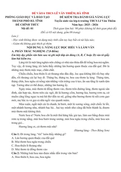 Trang đầu Đề thi tuyển sinh vào lớp 6 môn Tiếng Việt trường THCS Lê Văn Thiêm (Hà Tĩnh) năm học 2025-2026