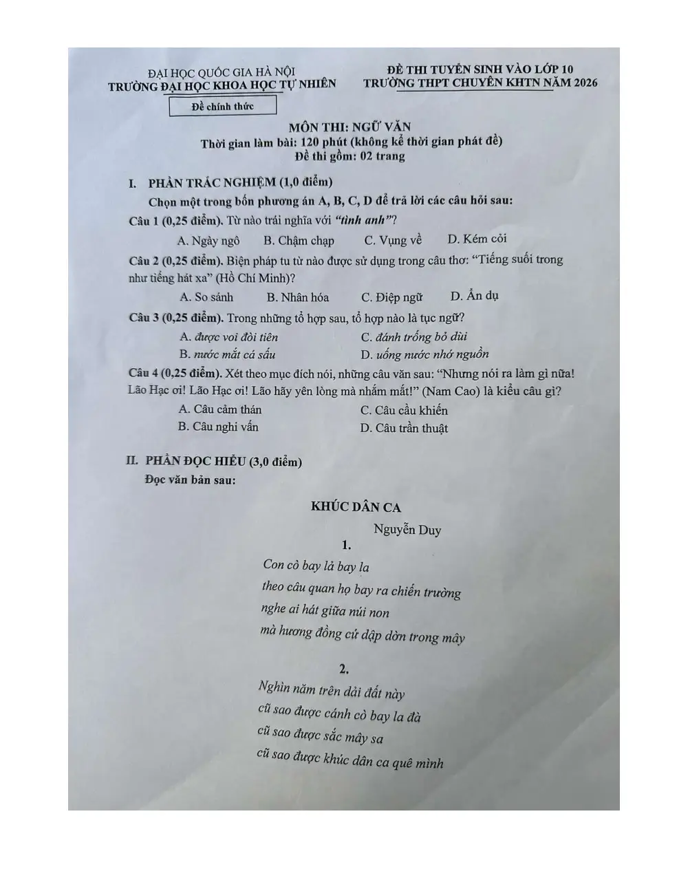 Đề tuyển sinh vào 10 Văn 2026-2027 trường THPT chuyên KHTN (Hà Nội) - trang 1