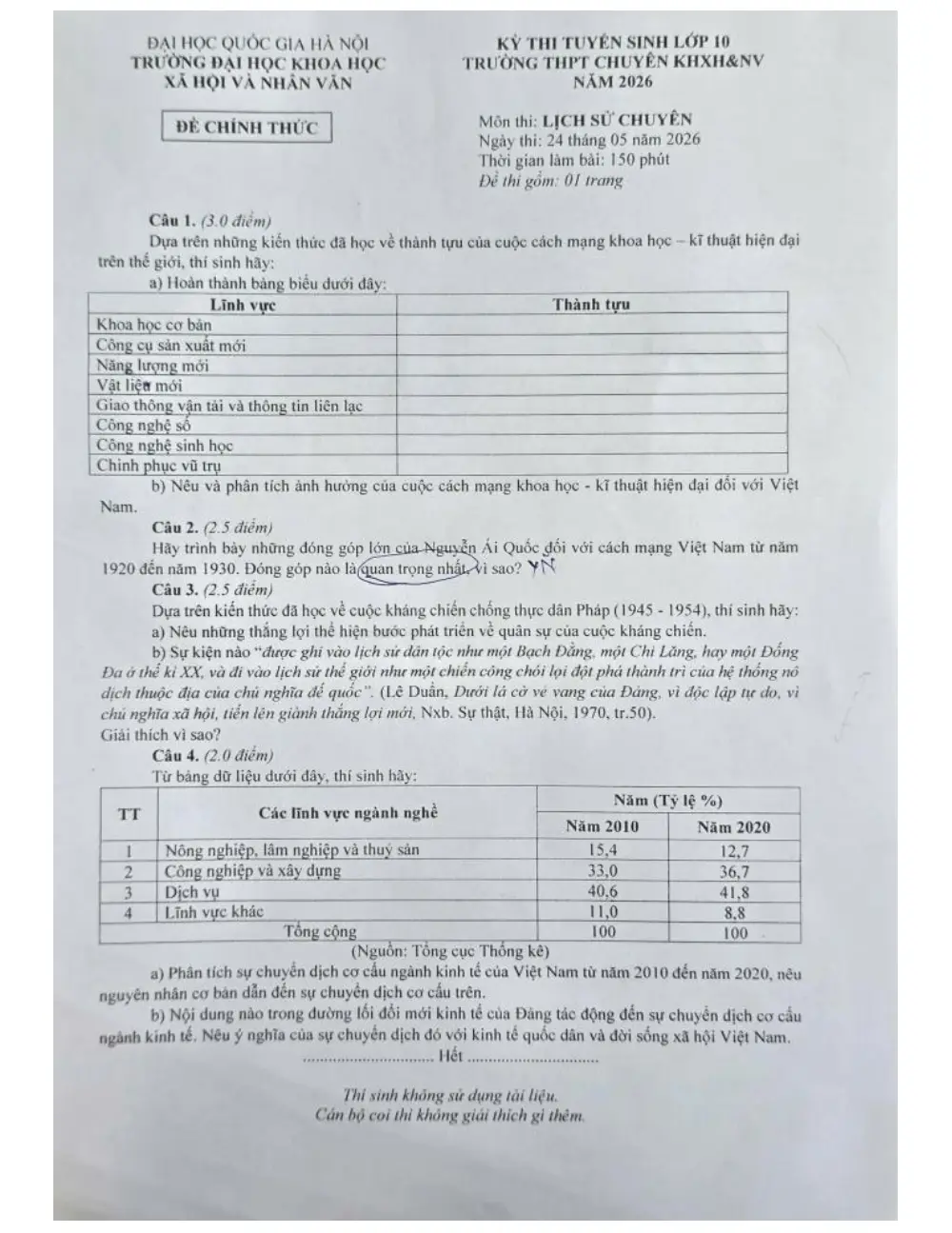 Đề tuyển sinh vào lớp 10 Lịch Sử (chuyên) trường THPT chuyên KHXH&NV (Hà Nội) 2026 - trang 1