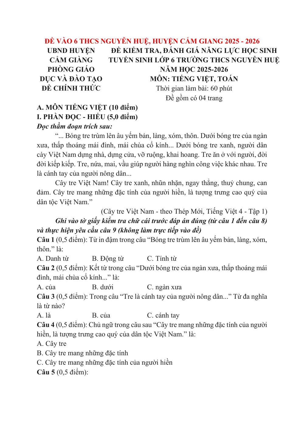 Đề thi tuyển sinh vào lớp 6 môn Tiếng Việt trường THCS Nguyễn Huệ (Hải Dương) năm học 2025-2026 - trang 1