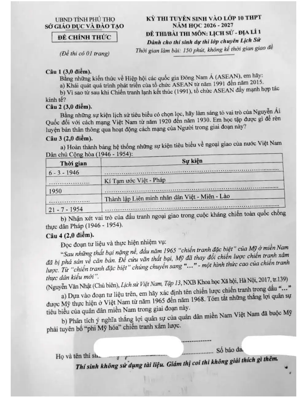 Đề tuyển sinh vào 10 Lịch Sử - Địa Lí 1 (chuyên Lịch Sử) 2026-2027 Sở Phú Thọ - trang 1