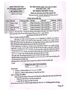 Trang đầu Đề tuyển sinh vào 10 chuyên Tin học 2026-2027 Sở Phú Thọ