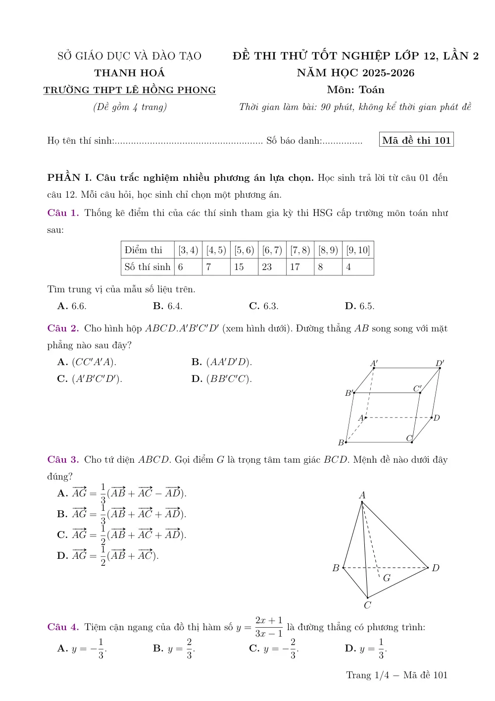 Đề thi thử Tốt nghiệp THPT Toán 2025-2026 trường THPT Lê Hồng Phong (lần 2) (Thanh Hóa) - trang 1