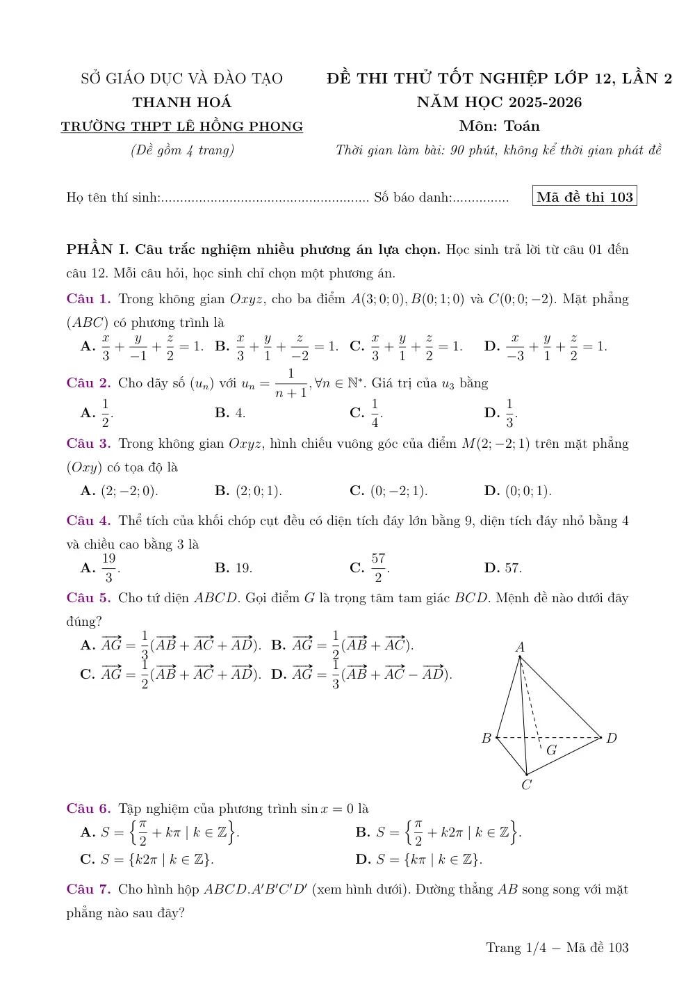 Đề thi thử Tốt nghiệp THPT Toán 2025-2026 trường THPT Lê Hồng Phong (lần 2) (Thanh Hóa) - trang 9