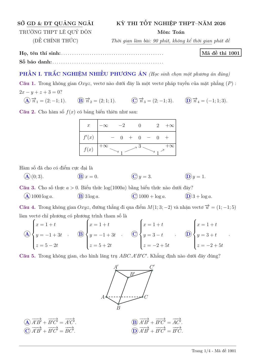 Đề thi thử Tốt nghiệp THPT Toán 2025-2026 trường THPT Lê Quý Đôn (Quảng Ngãi) - trang 1