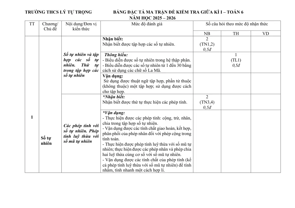 Đề thi Giữa kì 1 Toán 6 năm 2025-2026 trường THCS Lý Tự Trọng (TP Đà Nẵng) - trang 2