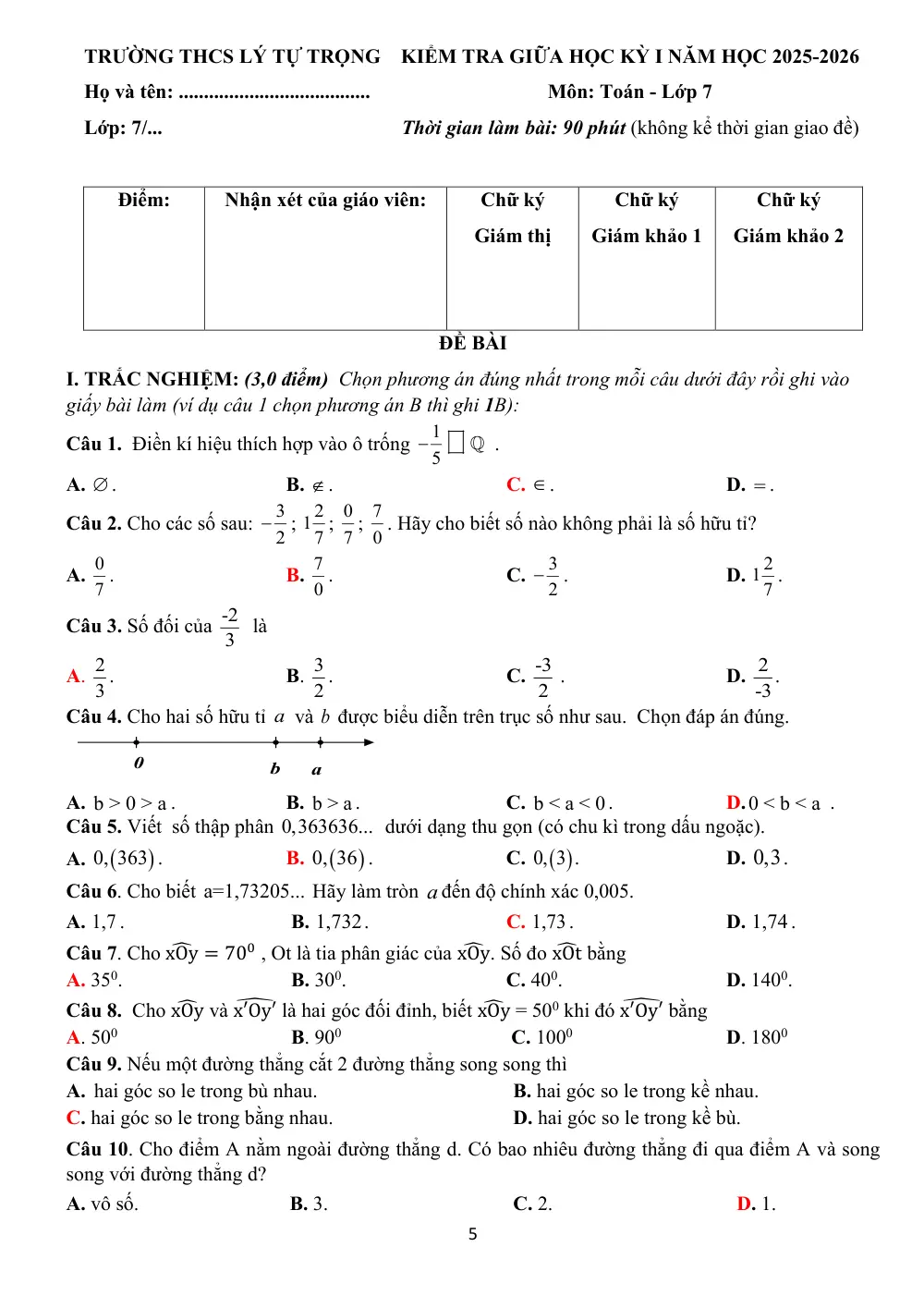 Đề thi Giữa kì 1 Toán 7 năm 2025-2026 trường THCS Lý Tự Trọng (Đà Nẵng) - trang 5