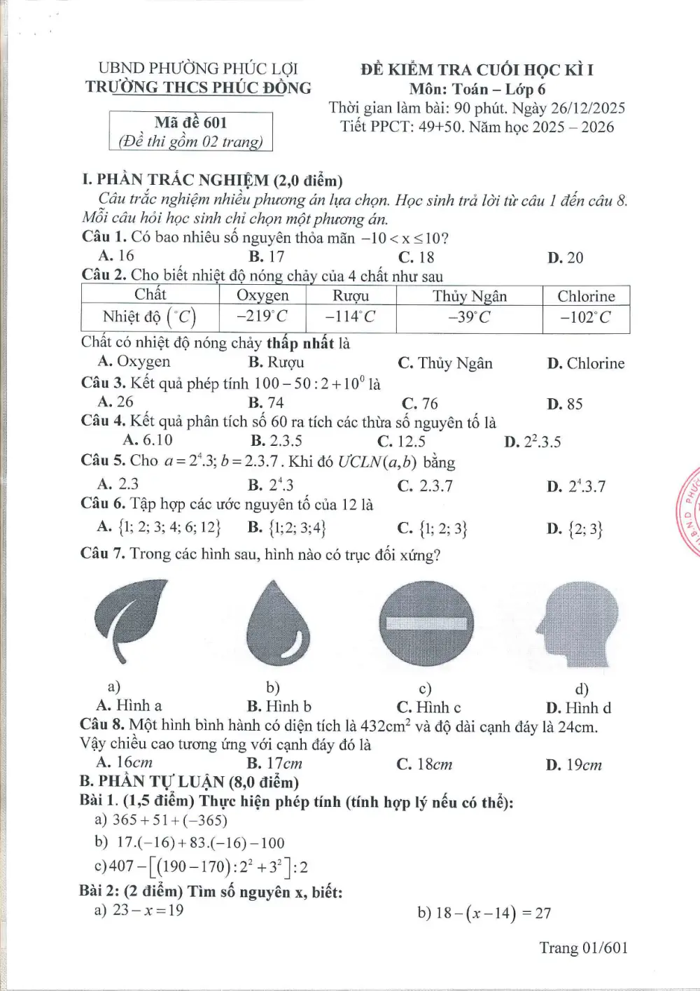 Đề thi Học kì 1 Toán 6 năm 2025-2026 trường THCS Phúc Đồng (Hà Nội) - trang 1