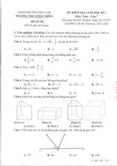 Trang đầu Đề thi Học kì 1 Toán 7 năm 2025-2026 trường THCS Phúc Đồng (Hà Nội)
