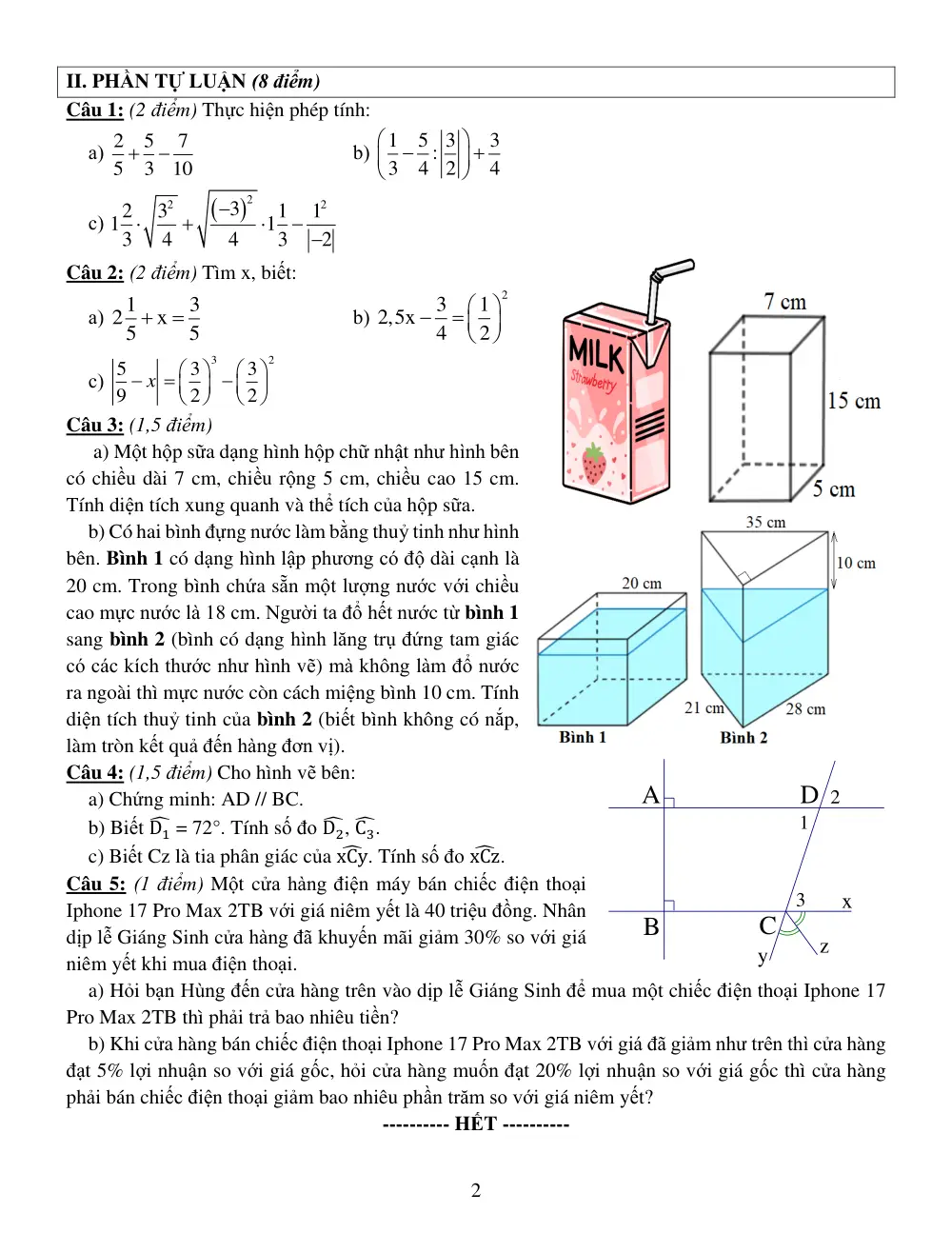 Đề thi Học kì 1 Toán 7 năm 2025-2026 trường THCS Phạm Hữu Lầu (TP Hồ Chí Minh) - trang 2