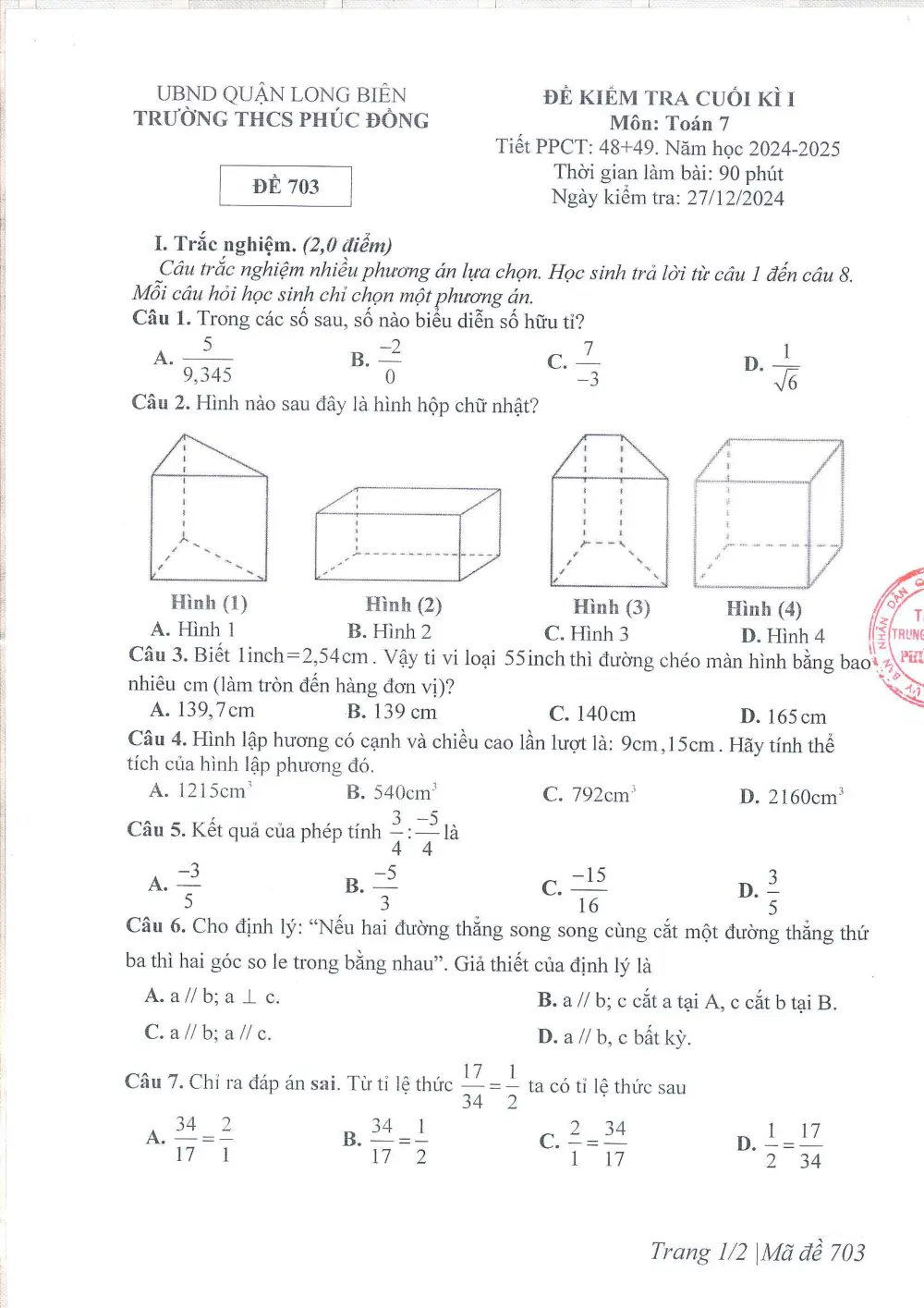 Đề thi Học kì 1 Toán 7 năm 2024-2025 trường THCS Phúc Đồng (Hà Nội) - trang 15