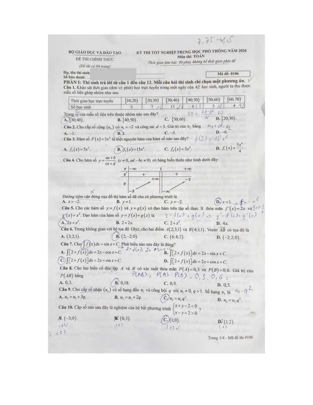 Đề chính thức Toán năm 2026 Tốt nghiệp THPT (Mã đề 0106) (Có đáp án) - trang 1